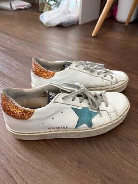 Golden Goose White Sneakers with Teal Star and Orange Glitter Heel Tab